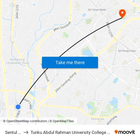 Sentul Timur to Tunku Abdul Rahman University College Kuala Lumpur Campus map