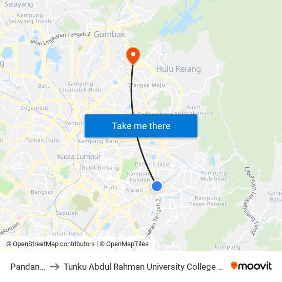 Pandan Indah to Tunku Abdul Rahman University College Kuala Lumpur Campus map