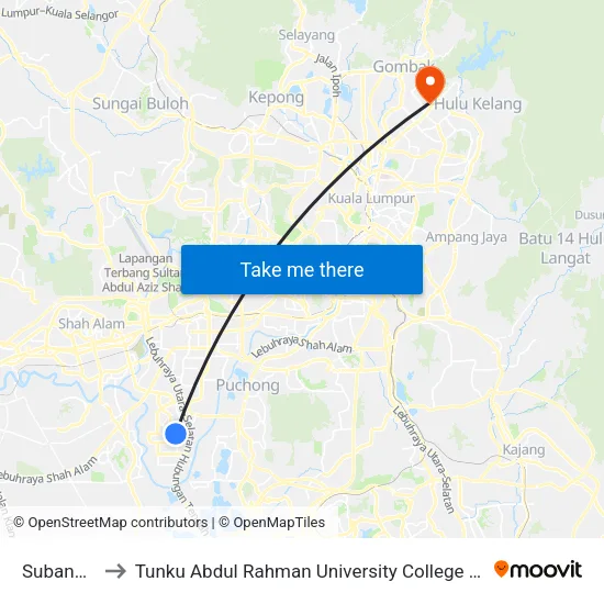 Subang Alam to Tunku Abdul Rahman University College Kuala Lumpur Campus map