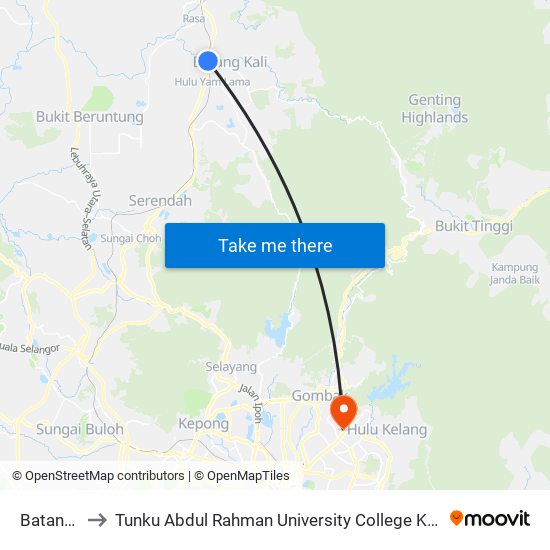 Batang Kali to Tunku Abdul Rahman University College Kuala Lumpur Campus map