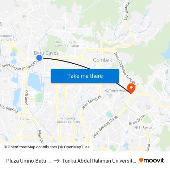 Plaza Umno Batu Caves (Opp) (Sl494) to Tunku Abdul Rahman University College Kuala Lumpur Campus map