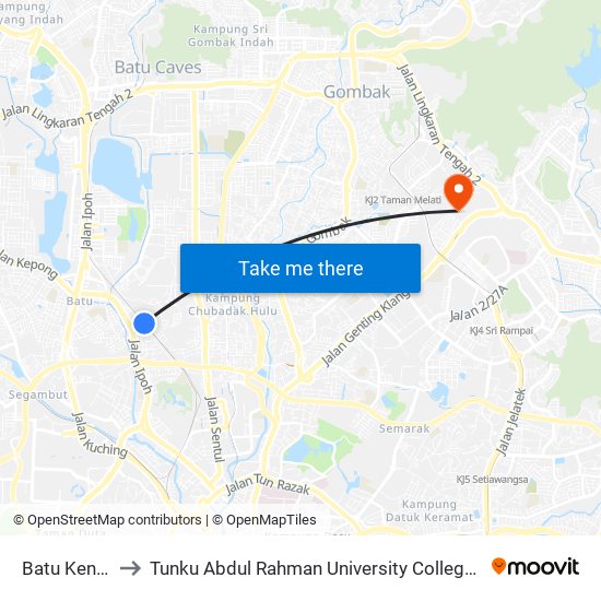 Batu Kentonmen to Tunku Abdul Rahman University College Kuala Lumpur Campus map