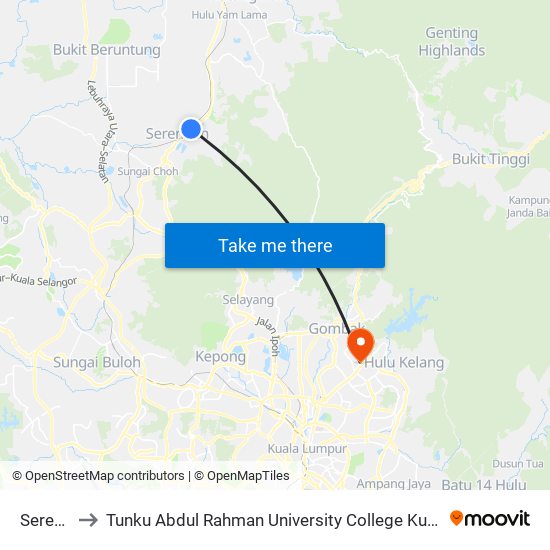 Serendah to Tunku Abdul Rahman University College Kuala Lumpur Campus map