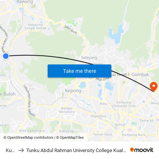 Kuang to Tunku Abdul Rahman University College Kuala Lumpur Campus map