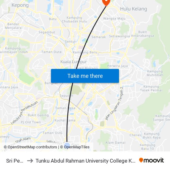 Sri Petaling to Tunku Abdul Rahman University College Kuala Lumpur Campus map