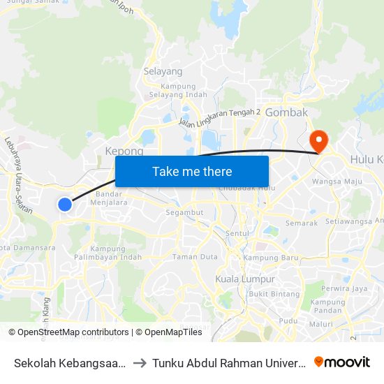 Sekolah Kebangsaan Bandar Sri Damansara 1 to Tunku Abdul Rahman University College Kuala Lumpur Campus map