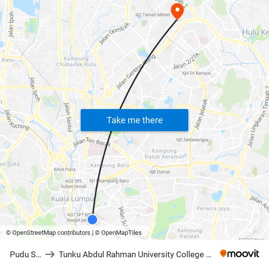 Pudu Sentral to Tunku Abdul Rahman University College Kuala Lumpur Campus map
