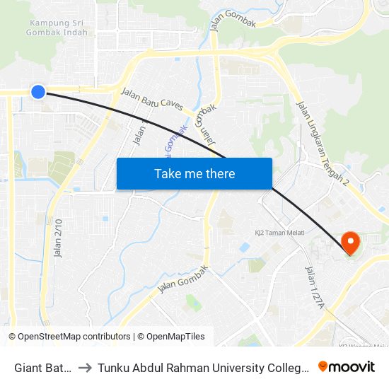 Giant Batu Caves to Tunku Abdul Rahman University College Kuala Lumpur Campus map