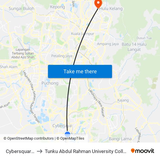 Cybersquare (Sp425) to Tunku Abdul Rahman University College Kuala Lumpur Campus map