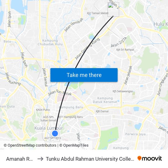 Amanah Raya (Kl28) to Tunku Abdul Rahman University College Kuala Lumpur Campus map