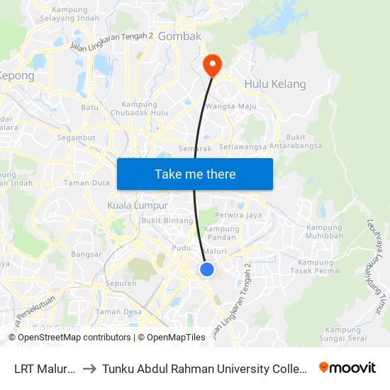 LRT Maluri (Kl361) to Tunku Abdul Rahman University College Kuala Lumpur Campus map