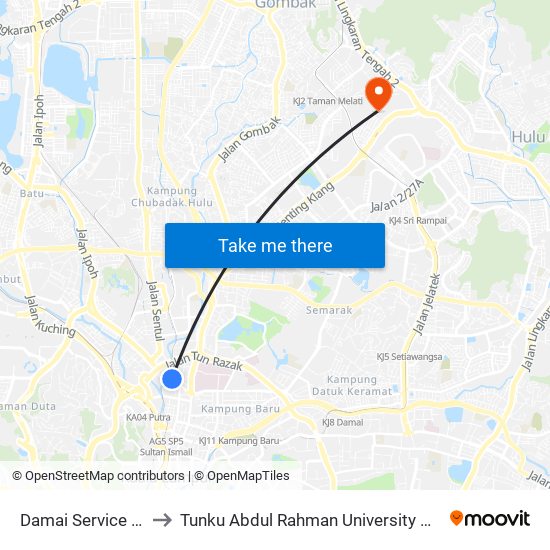 Damai Service Hospital (Kl50) to Tunku Abdul Rahman University College Kuala Lumpur Campus map