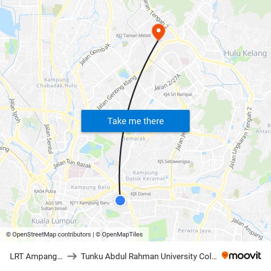LRT Ampang Park (Kl91) to Tunku Abdul Rahman University College Kuala Lumpur Campus map