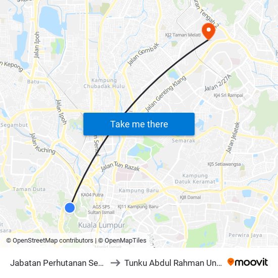 Jabatan Perhutanan Semenanjung Malaysia (Jpsm) (Kl2256) to Tunku Abdul Rahman University College Kuala Lumpur Campus map