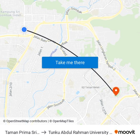 Taman Prima Sri Gombak (Sl222) to Tunku Abdul Rahman University College Kuala Lumpur Campus map