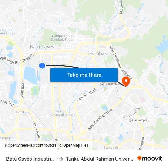 Batu Caves Industrial Park 8 (Barat) (Kl629) to Tunku Abdul Rahman University College Kuala Lumpur Campus map