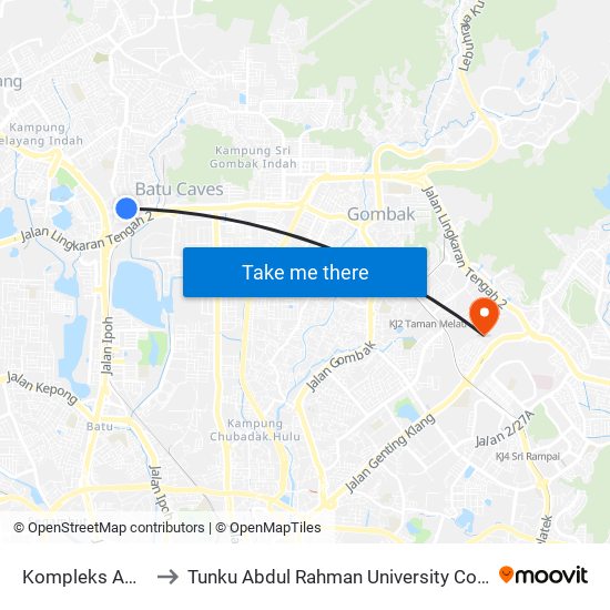 Kompleks Amaniah (Sl88) to Tunku Abdul Rahman University College Kuala Lumpur Campus map