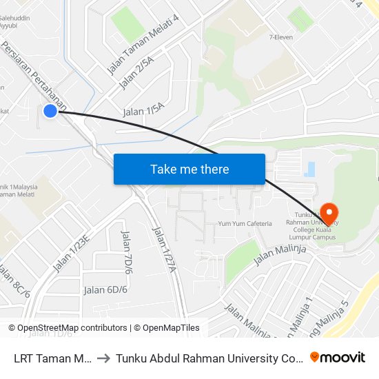LRT Taman Melati (Kl195) to Tunku Abdul Rahman University College Kuala Lumpur Campus map