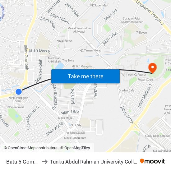 Batu 5 Gombak (Kl904) to Tunku Abdul Rahman University College Kuala Lumpur Campus map