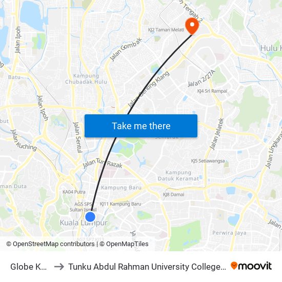 Globe KL (Kl37) to Tunku Abdul Rahman University College Kuala Lumpur Campus map