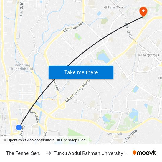 The Fennel Sentul East (Kl647) to Tunku Abdul Rahman University College Kuala Lumpur Campus map