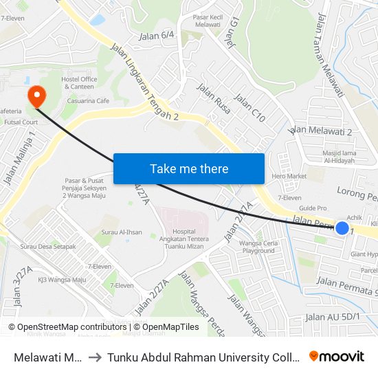 Melawati Mall (Aj490) to Tunku Abdul Rahman University College Kuala Lumpur Campus map