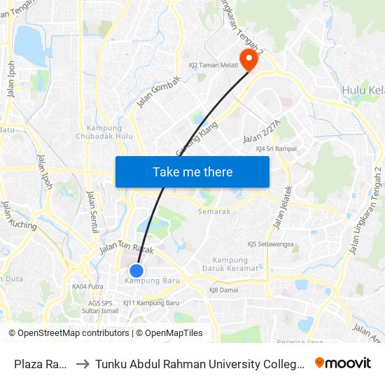 Plaza Rah (Kl76) to Tunku Abdul Rahman University College Kuala Lumpur Campus map
