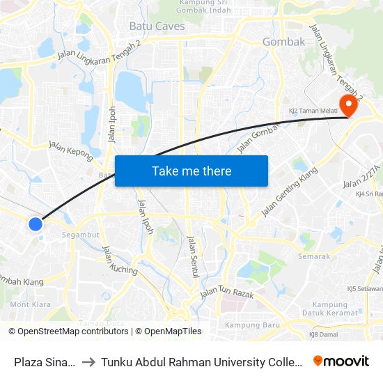 Plaza Sinar (Kl548) to Tunku Abdul Rahman University College Kuala Lumpur Campus map