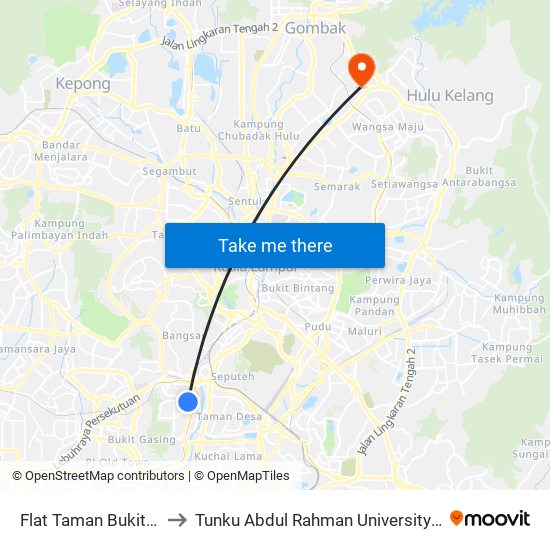 Flat Taman Bukit Angkasa (Kl1420) to Tunku Abdul Rahman University College Kuala Lumpur Campus map