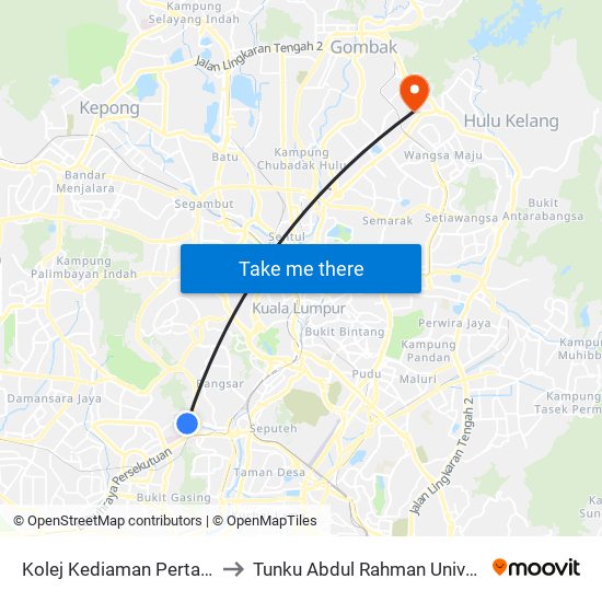 Kolej Kediaman Pertama, Universiti Malaya (Kl1103) to Tunku Abdul Rahman University College Kuala Lumpur Campus map