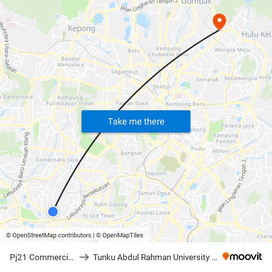 Pj21 Commercial Centre (Pj116) to Tunku Abdul Rahman University College Kuala Lumpur Campus map