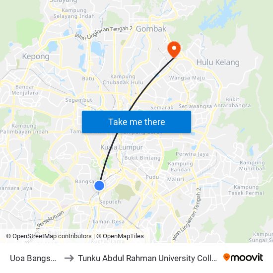Uoa Bangsar (Kl2141) to Tunku Abdul Rahman University College Kuala Lumpur Campus map