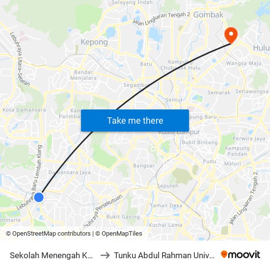 Sekolah Menengah Kebangsaan Kelana Jaya (Pj633) to Tunku Abdul Rahman University College Kuala Lumpur Campus map