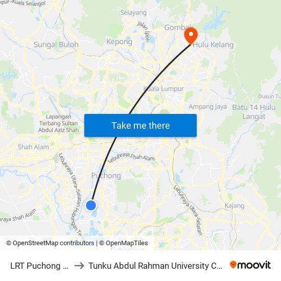 LRT Puchong Prima (Sj282) to Tunku Abdul Rahman University College Kuala Lumpur Campus map