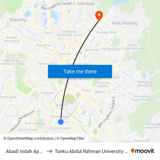 Abadi Indah Apartment (Kl1208) to Tunku Abdul Rahman University College Kuala Lumpur Campus map