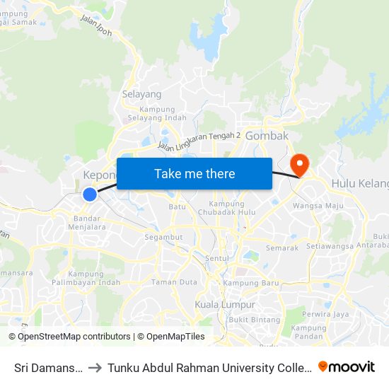 Sri Damansara Timur to Tunku Abdul Rahman University College Kuala Lumpur Campus map