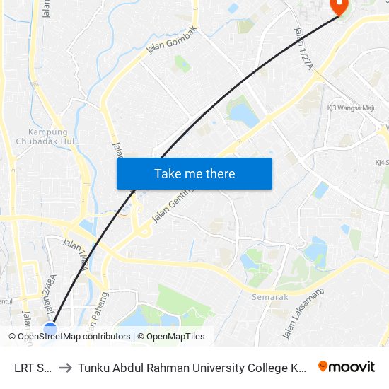 LRT Sentul to Tunku Abdul Rahman University College Kuala Lumpur Campus map