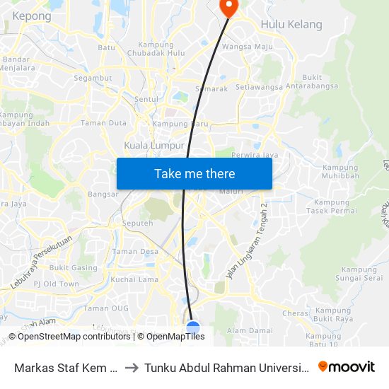Markas Staf Kem Sungai Besi (Kl1671) to Tunku Abdul Rahman University College Kuala Lumpur Campus map