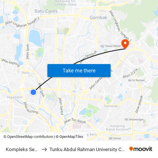 Kompleks Sentral (Kl2492) to Tunku Abdul Rahman University College Kuala Lumpur Campus map