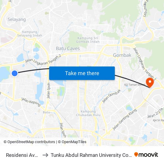 Residensi Ava @ Kiara Bay to Tunku Abdul Rahman University College Kuala Lumpur Campus map