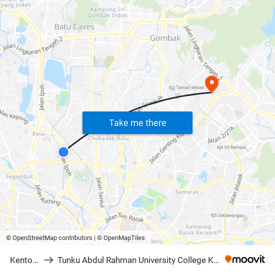 Kentonmen to Tunku Abdul Rahman University College Kuala Lumpur Campus map