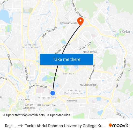 Raja Uda to Tunku Abdul Rahman University College Kuala Lumpur Campus map