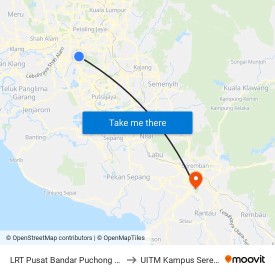 LRT Pusat Bandar Puchong (Sj735) to UITM Kampus Seremban map