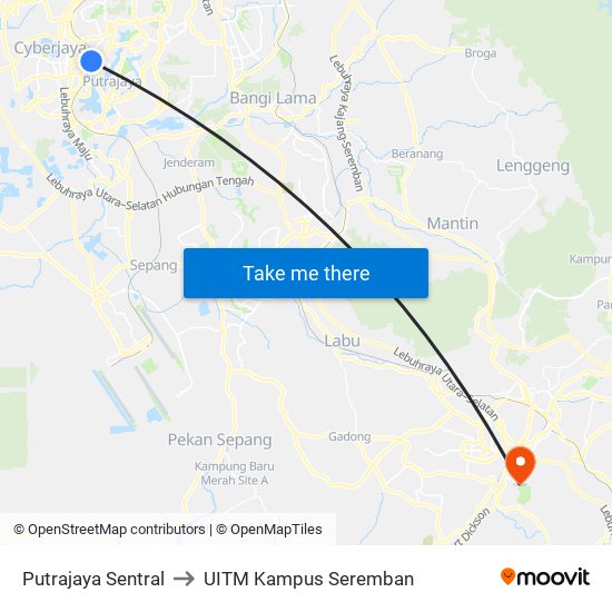 Putrajaya Sentral to UITM Kampus Seremban map