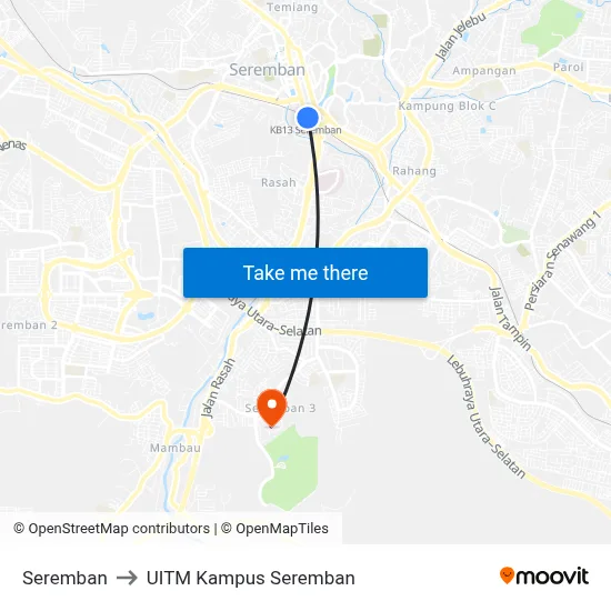 Seremban to UITM Kampus Seremban map