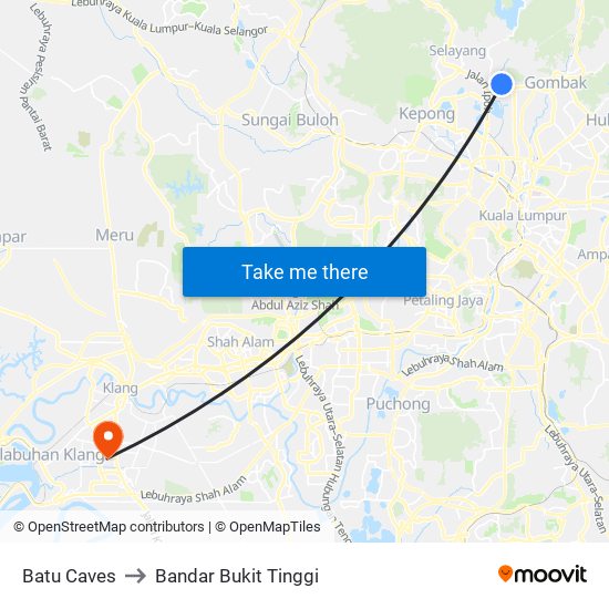 Batu Caves to Bandar Bukit Tinggi map