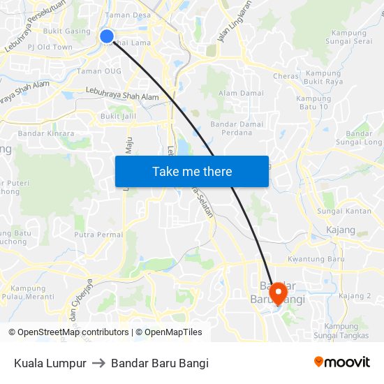 Kuala Lumpur to Bandar Baru Bangi map
