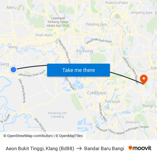 Aeon Bukit Tinggi, Klang (Bd88) to Bandar Baru Bangi map