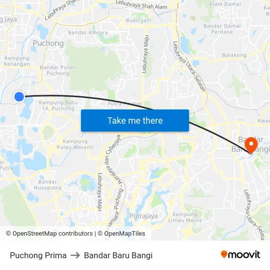 Puchong Prima to Bandar Baru Bangi map
