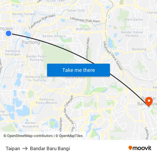 Taipan to Bandar Baru Bangi map